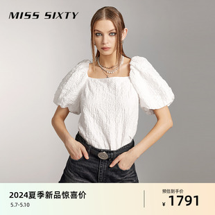 Miss Sixty2024夏季新款衬衫女法式方领甜美灯笼袖系带白色上衣