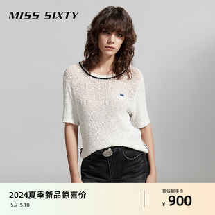 Miss Sixty2024夏季新款针织套头衫女圆领短袖撞色宽松休闲风百搭