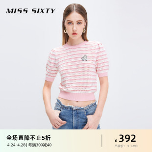 【爆款补单】Miss Sixty针织衫女气质圆领条纹修身绣花钻饰上衣