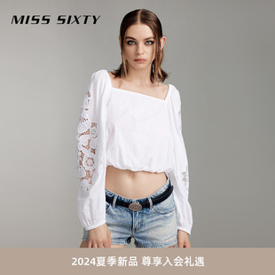 Miss Sixty2024夏季新款衬衫女法式方领镂空气质长袖度假休闲上衣