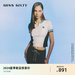 Miss Sixty2024夏季新款针织衫女圆领短袖撞色条纹美式复古休闲风