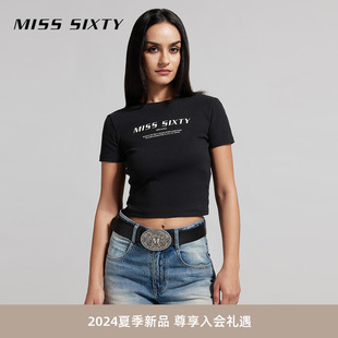 Miss Sixty2024夏季新款短袖T恤女圆领印花显瘦正肩修身短款辣妹