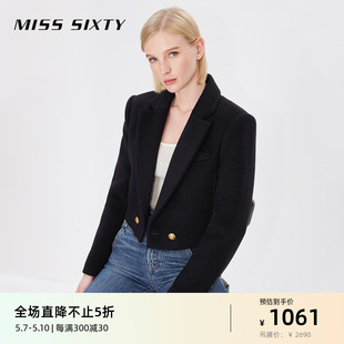 Miss Sixty羊毛双面呢外套女西装翻领短款直筒气质通勤黑色显瘦