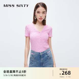 Miss Sixty短袖T恤女性感V领弹力修身显瘦短款简约气质肌理感上衣