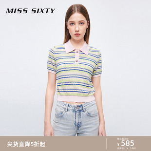 Miss Sixty针织衫女气质上衣Polo领条纹拼色短袖弹力修身显瘦