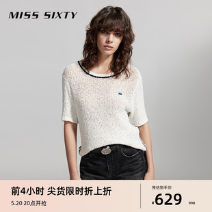 Miss Sixty2024夏季新款针织套头衫女圆领短袖撞色宽松休闲风百搭