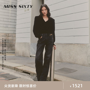 Miss Sixty2023冬季新款含羊绒牛仔裤女美式复古黑灰磨破梨形直筒