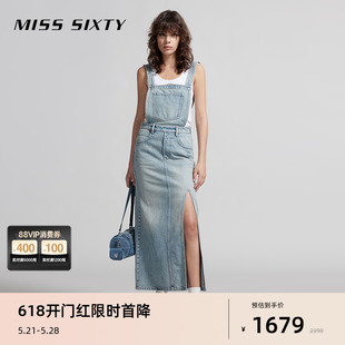 Miss Sixty2024夏季新款背带裙牛仔连衣裙减龄少女感复古工装开衩