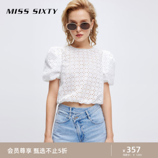 Miss Sixty衬衫女重工镂空绣花珍珠圆领泡泡袖上衣优雅气质百搭