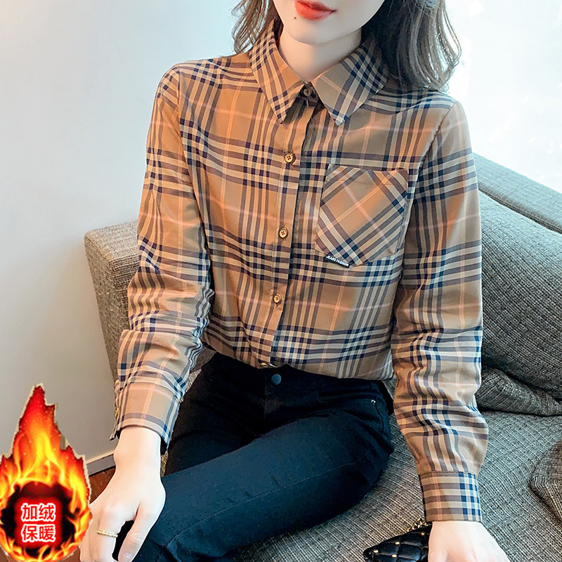 保暖衬衣女加绒加厚秋冬季新款长袖洋气娃娃领泡泡袖纯棉格子衬衫