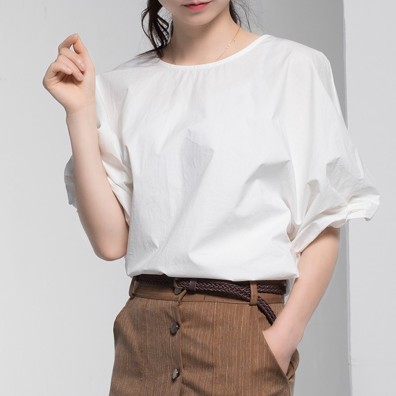 女款短袖上衣女2018新款春装白色泡泡袖衬衫女宽松韩版纯棉灯笼袖