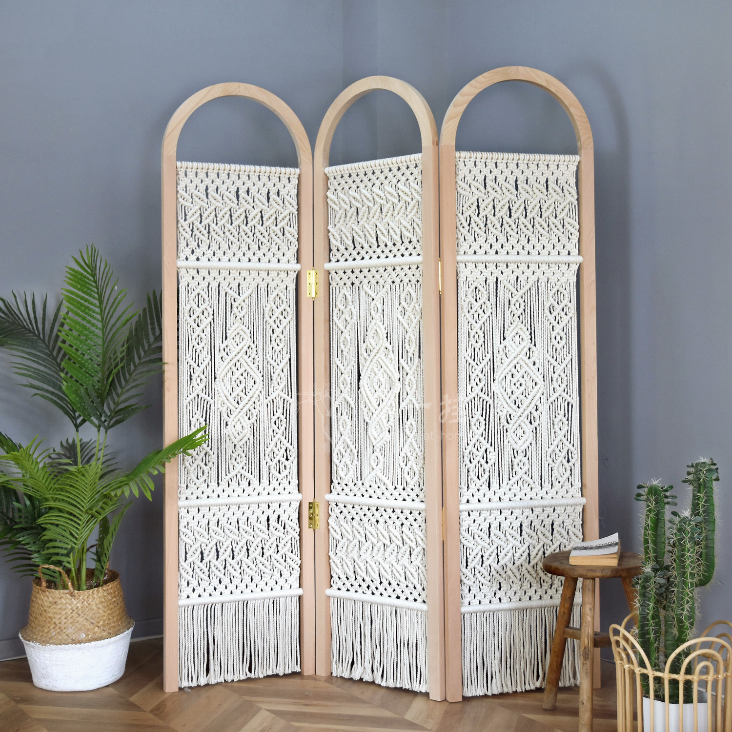 那一挂原创设计手工编织屏风隔断折屏实木拱形异域风玄关客厅装饰