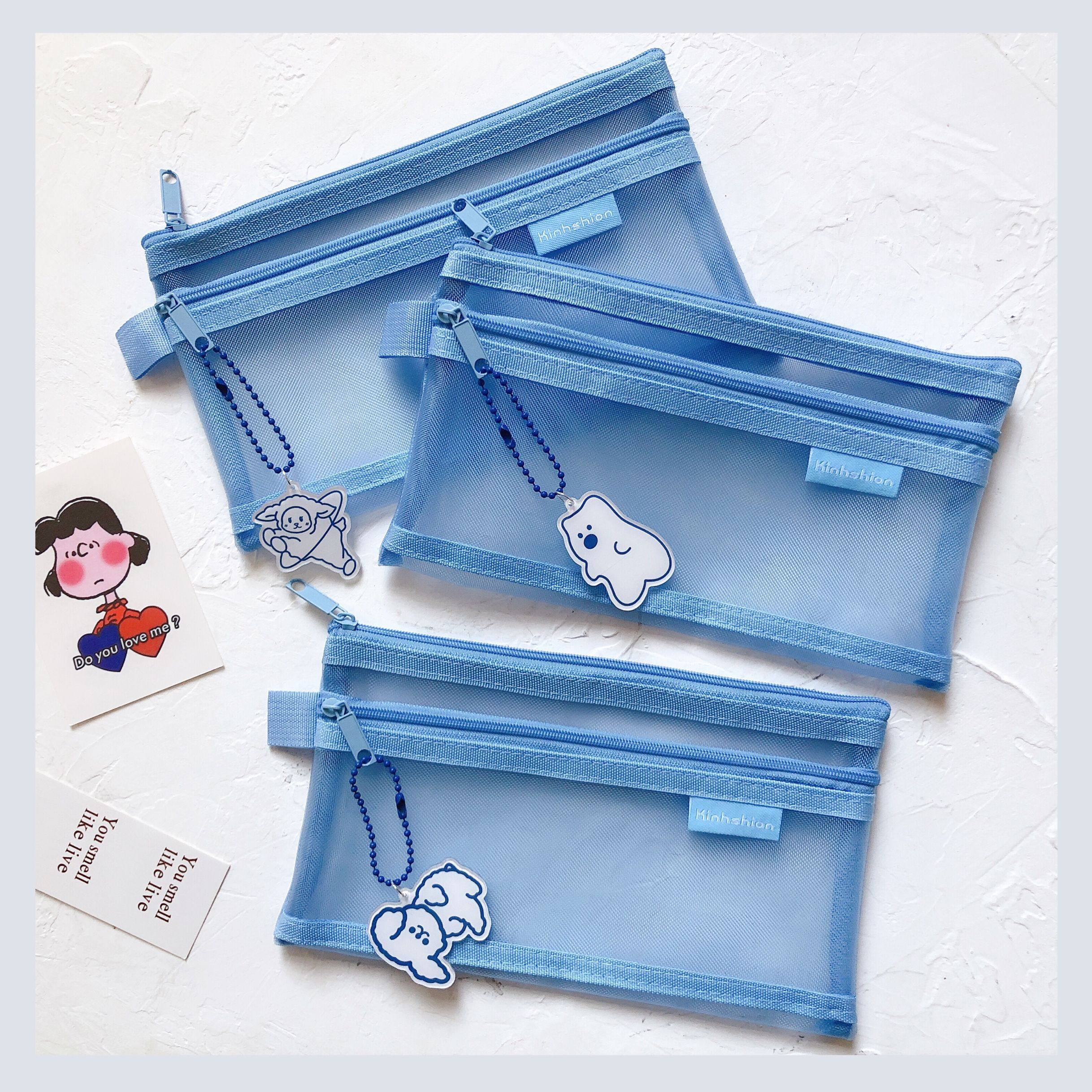 韩国ins原创自制可爱早睡小羊蓝色笔袋网纱大容量学生文具收纳包