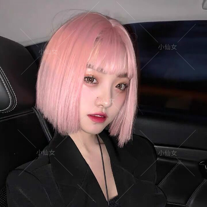 假发女短发自然少女粉色短直发空气刘海圆脸逼真学生头时尚锁骨发