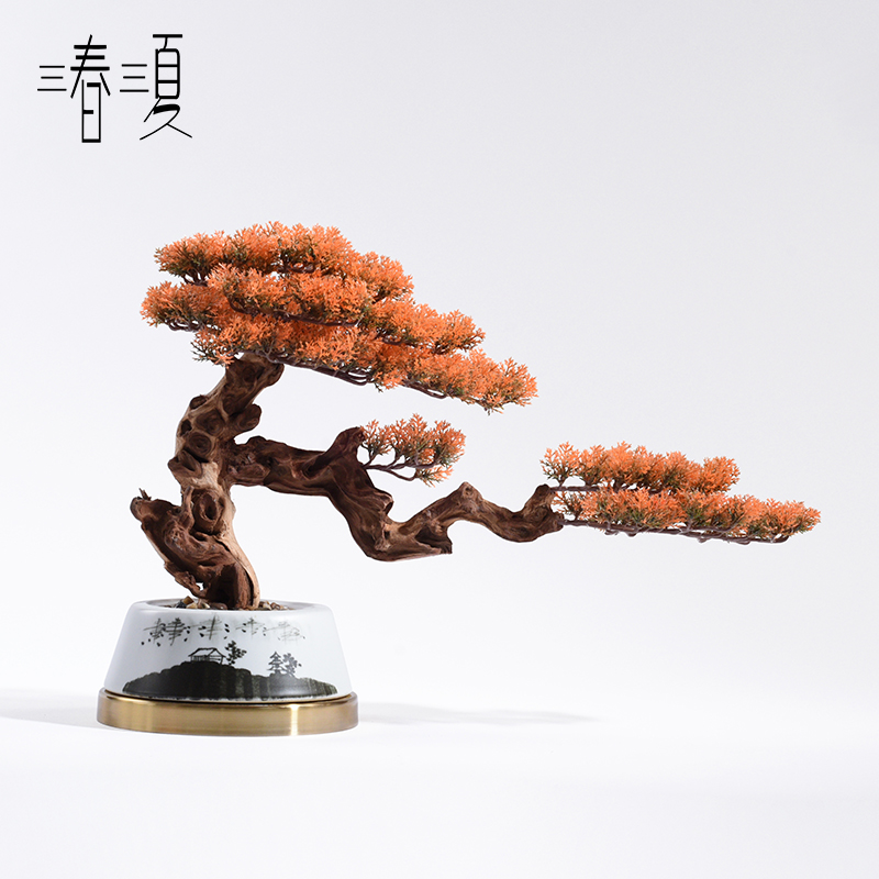 新中式售楼处酒店大堂楼梯口装置艺术装饰玄关红叶迎客松盆景摆件