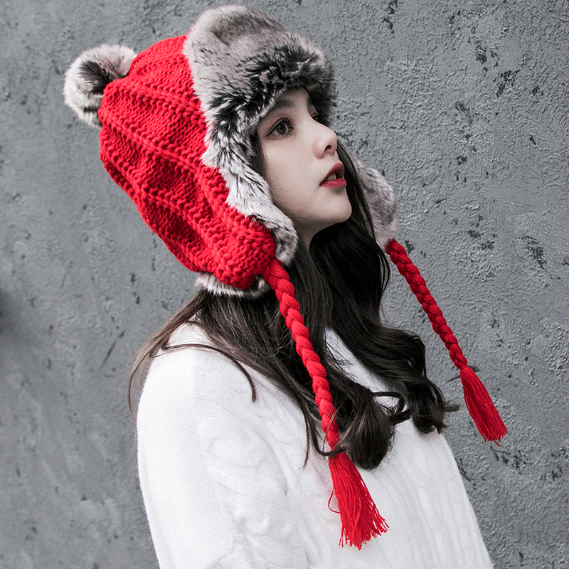 红色雷锋帽子女冬天毛线帽针织保暖护耳秋冬季加厚韩版显脸小百搭