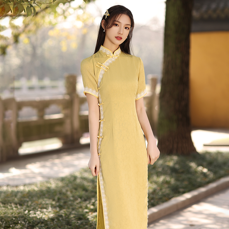 旗袍2021年新款女夏季素雅复古改良连衣裙长款年轻款清新淡雅黄色