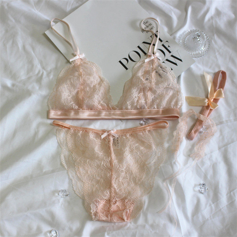 法式性感文胸蕾丝半透明透视情趣超薄唯美裸粉蝴蝶结少女小胸内衣
