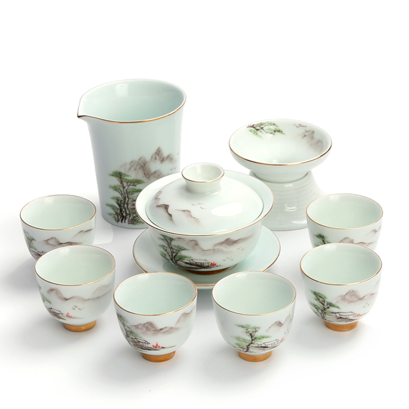 手绘功夫茶具套装 陶瓷盖碗茶杯整套山水描金礼品盒装定制logo|ruв категории посуда, чайный сервиз, кунг - Фу, чайный сервиз - от Buy2taobao.com для оказания профессиональной услуги покупки агента Taobao