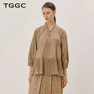 TGGC/台绣女士外套2024年春季新款简约宽松A字夹克式便服压皱上衣