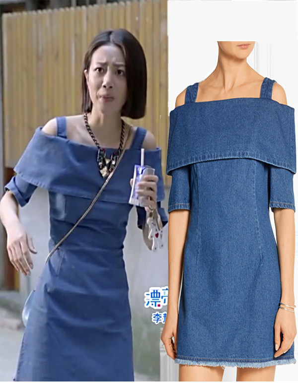 漂亮的李慧珍夏乔李溪芮明星同款春新品一字领露肩斗篷牛仔连衣裙