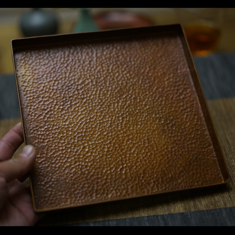 壶承方盘金属单层锤纹铜盘茶席铜契杯托壶托干泡盘手工制作包邮