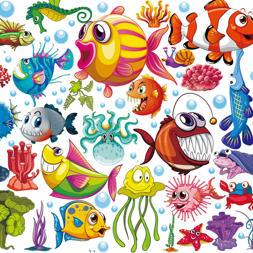 卡通海洋鱼墙贴儿童房幼儿园装饰贴画卫生间海洋馆防水墙贴纸自粘