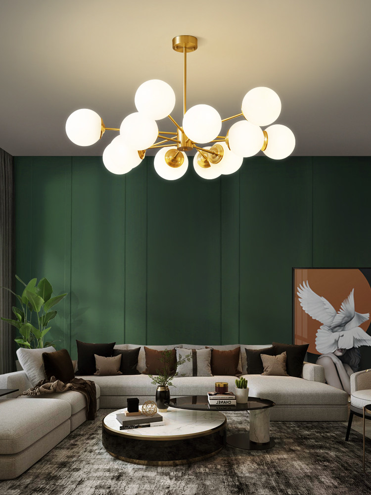 北欧客厅吊灯现代简约家用大气餐厅卧室轻奢水晶魔豆分子全铜灯具