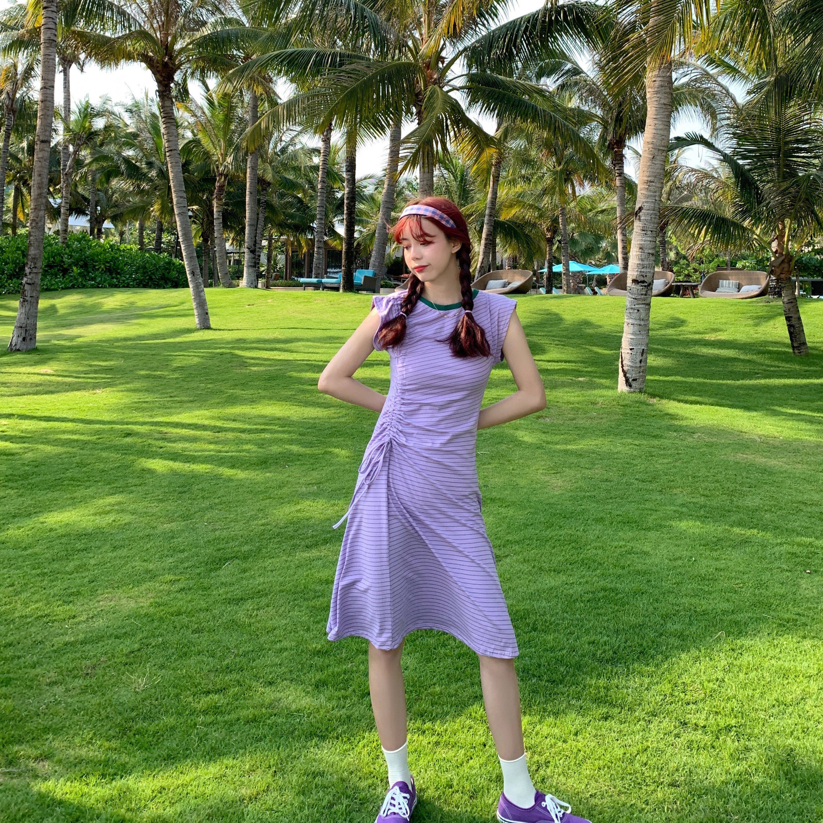 实拍实价~ 2020新款韩版紫色条纹休闲学生妹可爱抽绳连衣裙