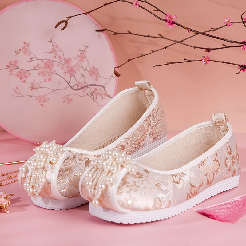 原创汉服鞋子女古风绣花鞋明制平底弓鞋淡雅古装鞋珍珠古代学生鞋