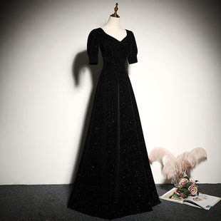 黑色晚礼服宴会2024新款长款高贵优雅修身主持人合唱团礼服长裙女