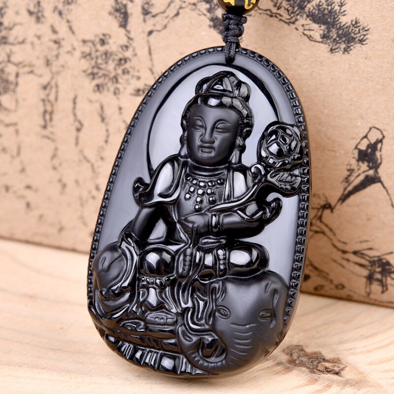 黑曜石本命佛普贤菩萨吊坠生肖属龙属蛇守护神项链佩戴吉祥物男女
