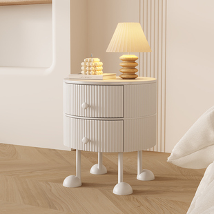 YANASO法式奶油风创意主卧圆形实木床头柜家用卧室小型极简床边柜