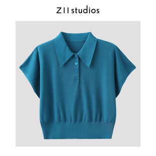 Z11 studios夏季新款薄款针织衫女士短袖罩衫毛衣polo领短款上衣