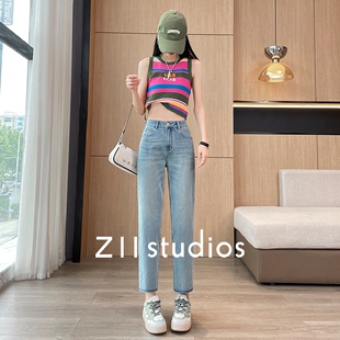 Z11 studios夏季牛仔裤女士高腰窄版直筒小个子九分裤浅色长裤子