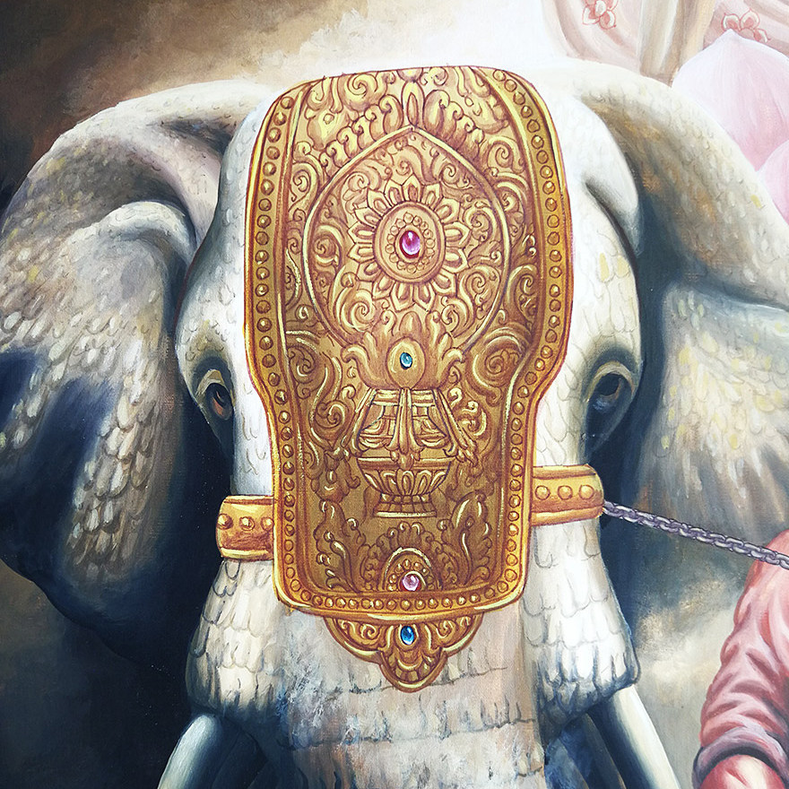 唐密风格普贤菩萨骑象图多尊唐卡 尼泊尔画师kaji lama作品5104