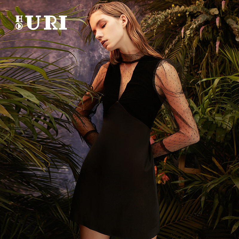 uri女装春秋houri海蕾琳女装连衣裙羽绒服新款ur羊羔毛外拼接长裙