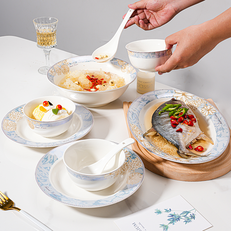 2023新款高档10人碗碟套装家用轻奢时光漫步陶瓷餐具碗盘勺筷组合