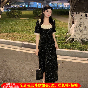 赫本风黑色辣妈款外出哺乳碎花连衣裙夏季茶歇法式产后喂奶长裙子