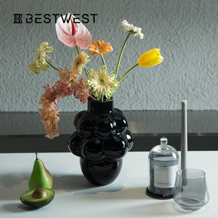 BESTWEST高档轻奢黑色水养插花玻璃花瓶摆件家居客厅茶几葡萄造型