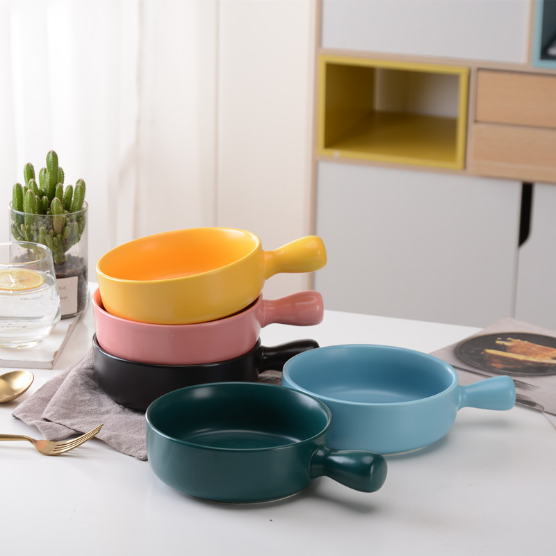 创意简约北欧风餐具家用陶瓷碗带手柄单个烤碗烘焙盘汤面碗沙拉碗
