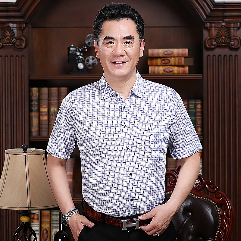 爸爸夏装中年男装短袖衬衫40中老年人50岁60爷爷70上衣服老人夏季