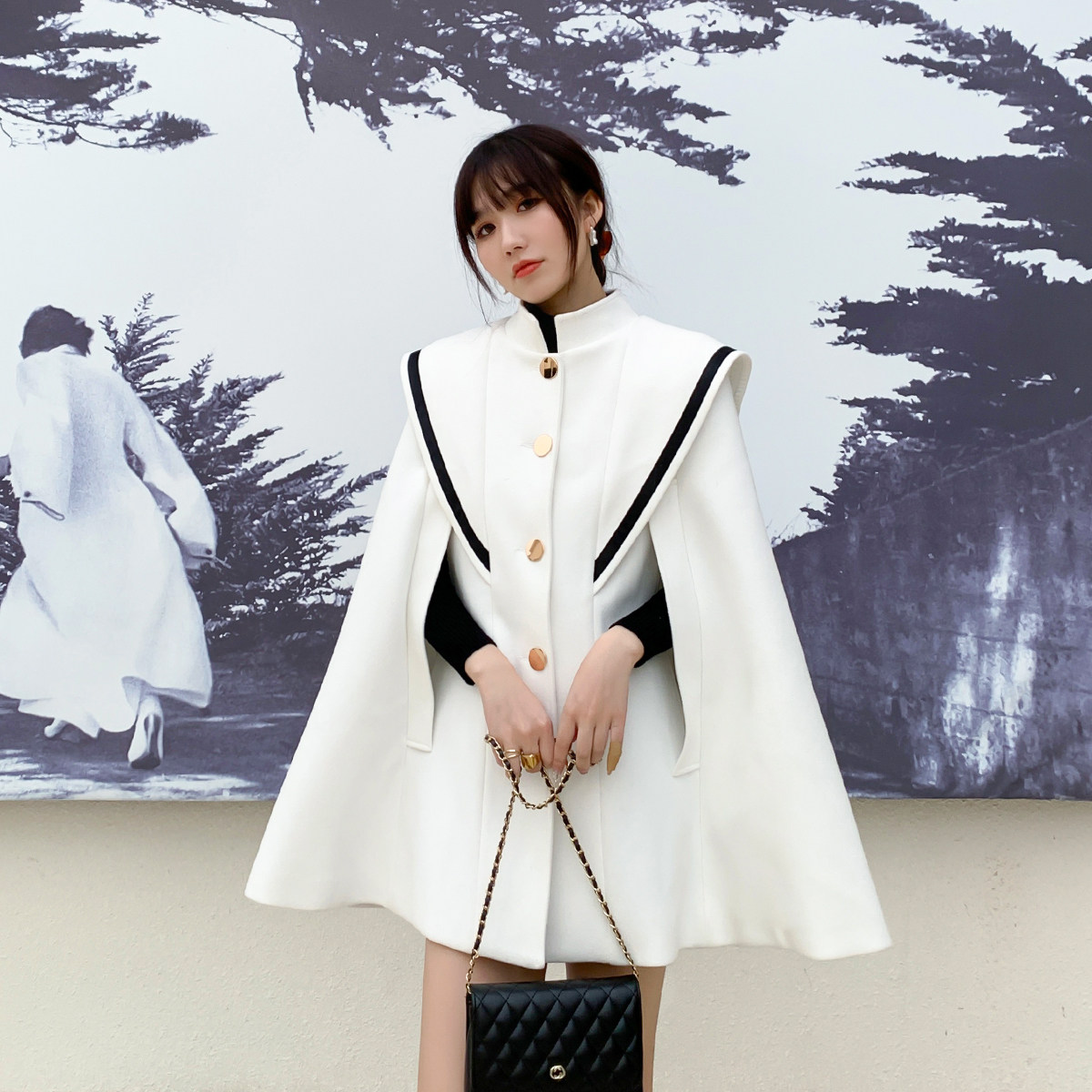 白色海军领斗篷披肩大衣女 秋冬韩版宽松单排扣立领气质毛呢外套