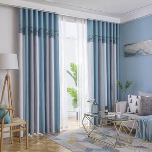 新款无缝拼接客厅窗帘全遮光卧室现代简约防晒加厚棉麻成品一整套