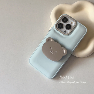 韩国ins奶蓝色金属小熊支架适用iphone14/15promax苹果13手机壳11新款12pro硅胶xs女全包软壳