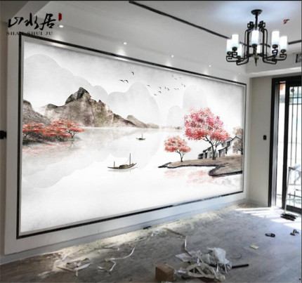 新中式电视背景墙壁纸客厅沙发5d立体山水画墙纸风景装饰壁画墙布