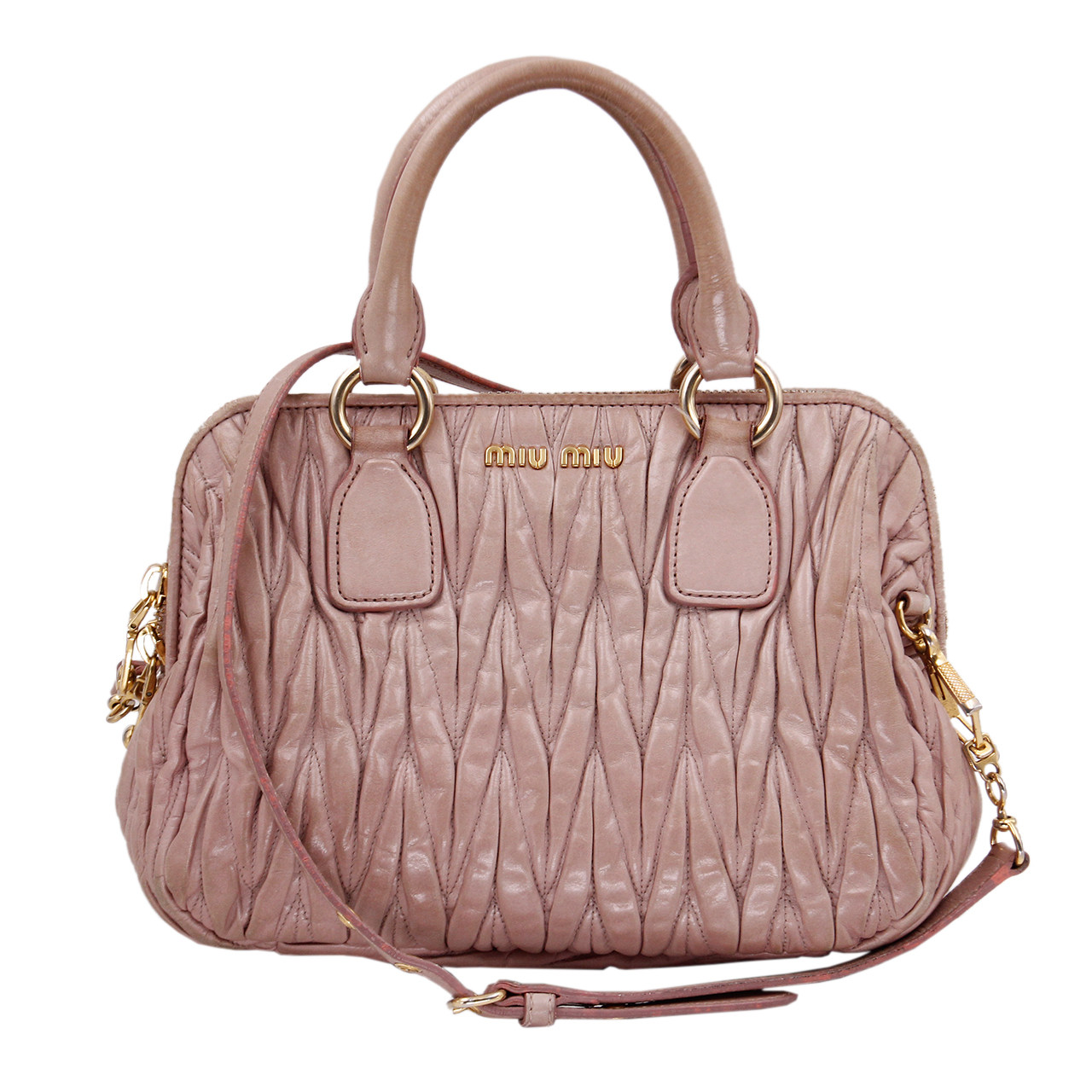 8.5新〕缪缪miumiu女士粉色褶皱油蜡皮手提包