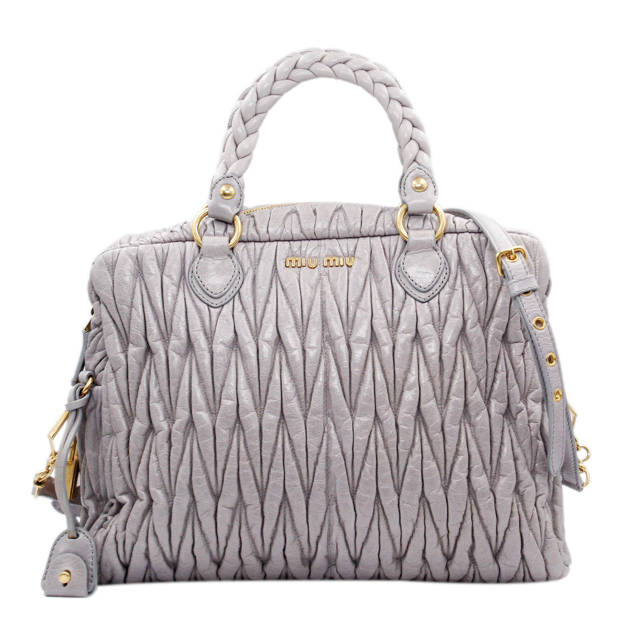 9.5新〕缪缪miumiu女士灰白色油蜡皮单肩手提包