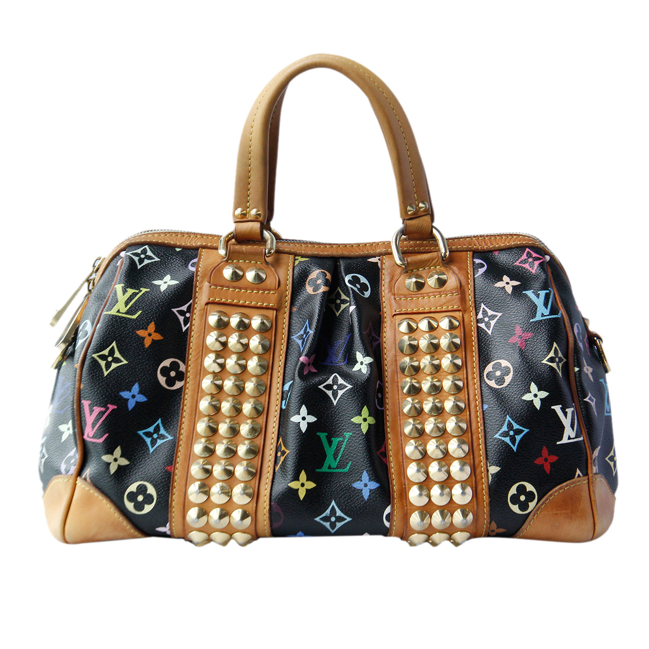 9.0新〕路易威登lv女士黑三彩女士铆钉装饰手提包