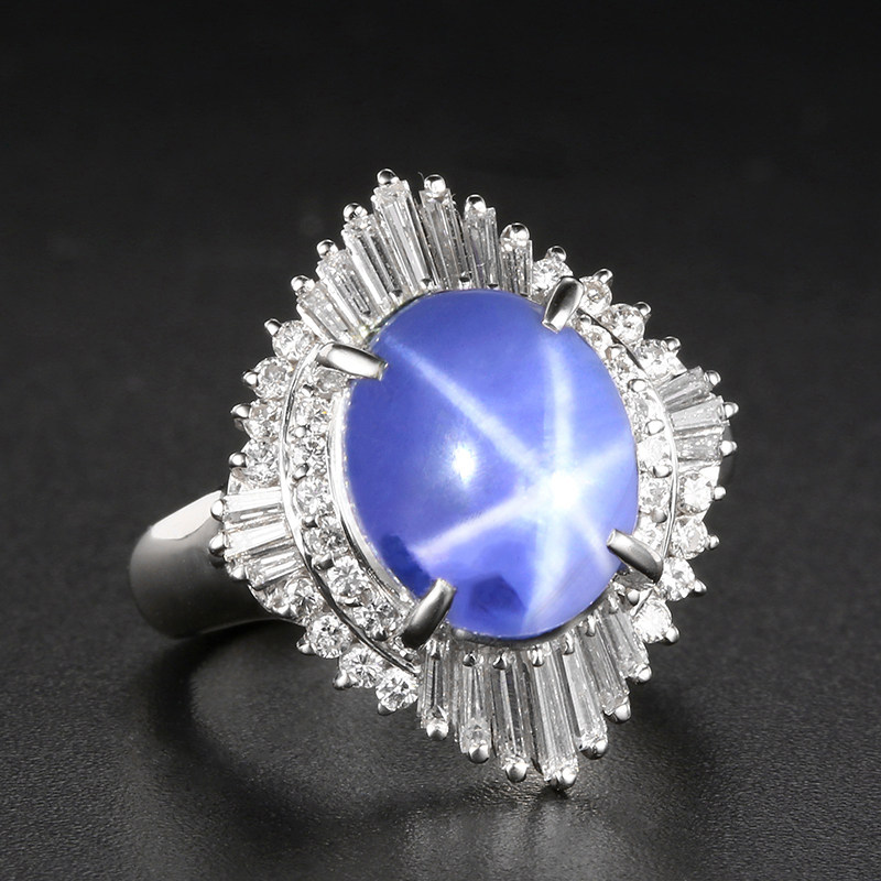 70ct天然星光蓝宝石戒指星线清晰配1.06ct钻石pt900